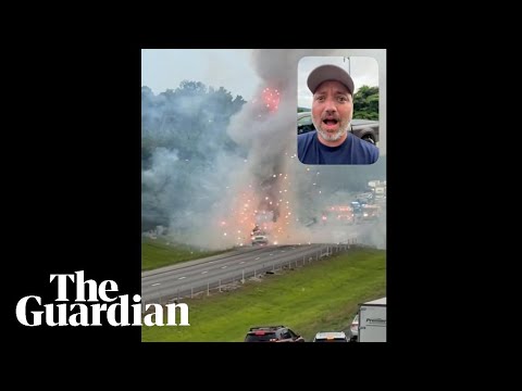 Truck hauling fireworks catches fire on US highway and spark explosive display