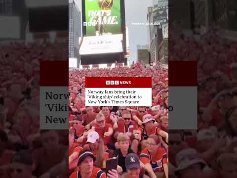 Norway fans show off their unique ‘Viking ship’ celebration in Times Square. #BBCNews