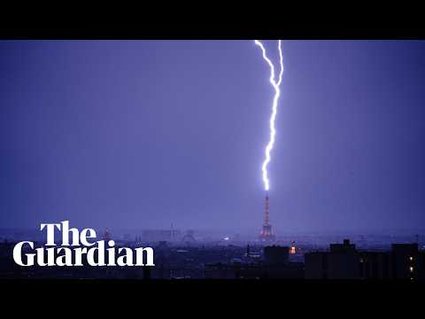 Lightning bolts strike Eiffel Tower during Paris thunderstorm