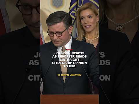 Speaker Mike Johnson reacts as reporter reads birthright citizenship opinion to him live