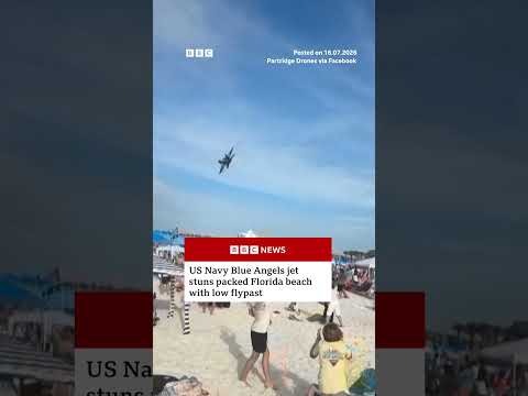 US Navy Blue Angels jet stuns packed Florida beach with low flypast. #BlueAngels #BBCNews