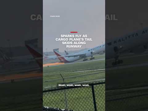 Sparks fly as cargo plane’s tail skids along runway