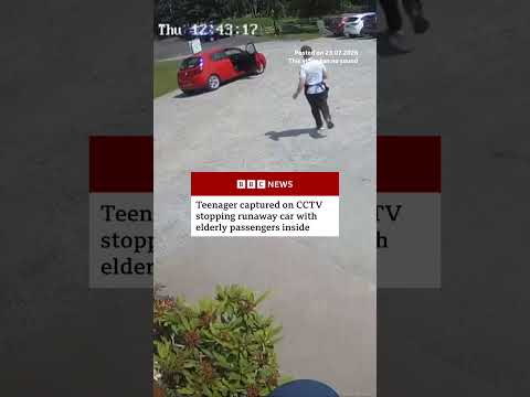 Teenager captured on CCTV stops runaway car with elderly passengers inside. #BBCNews
