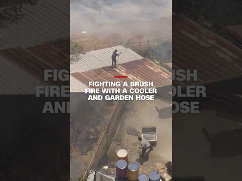 Fighting a brush fire with a cooler and garden hose