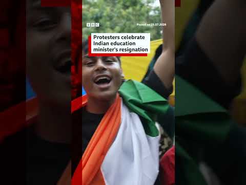 Protesters celebrate Indian education minister’s resignation. #BBCNews
