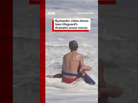 Bystander video shows teen lifeguard’s dramatic ocean rescue. #BBCNews