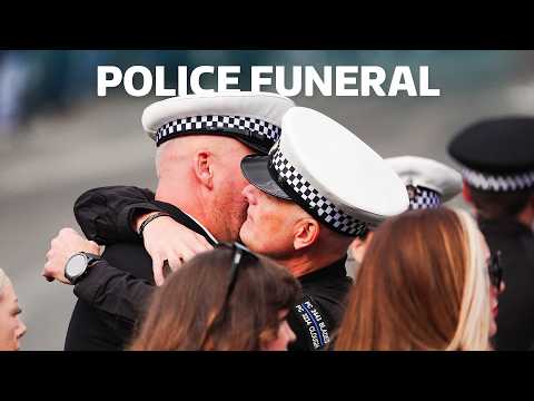 Emotional scenes as family, friends and colleagues attend funeral of PC Matthew Blades