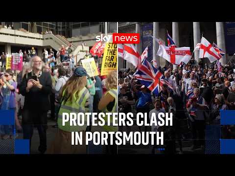 Anti-migrant demonstrators clash with counter-protesters during march in Portsmouth
