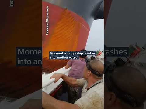 Moment a cargo ship crashes into another vessel