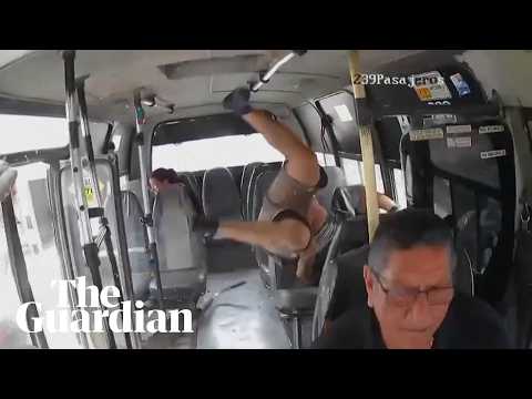 Moment motorcyclist in Colombia flies into bus in high-speed collision