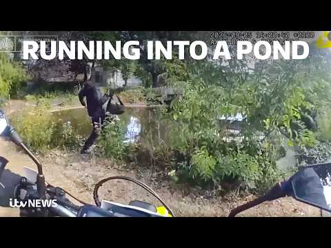 Watch the moment phone thief runs into a pond to escape police