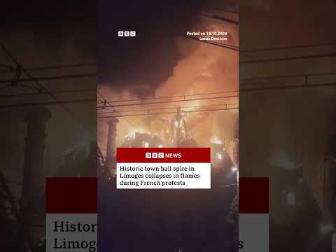 French town hall spire collapses in flames amidst protests #France #Protests #BBCNews