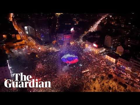 Drone footage shows crowds in Belgrade celebrating defeat of Aleksandar Vučić