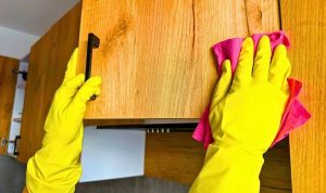 Kitchen cupboards will be cleaner and less dusty if washed with an everyday kitchen staple