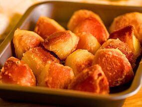 Roast potatoes come out the oven crispy with no pale patches if sprayed with 1 simple item